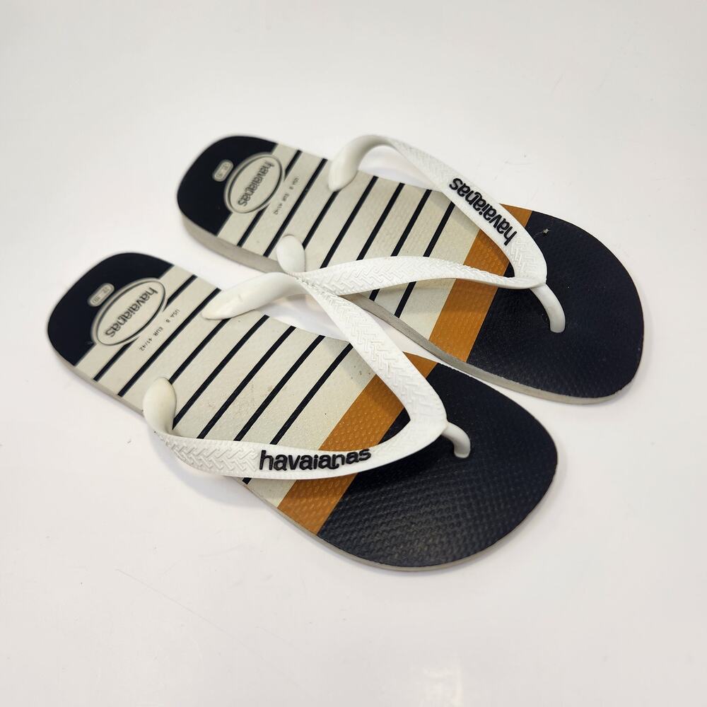 Havaianas Mens Nautical Flip Flops Sandals Size 8 Yellow Navy Blue White Stripes